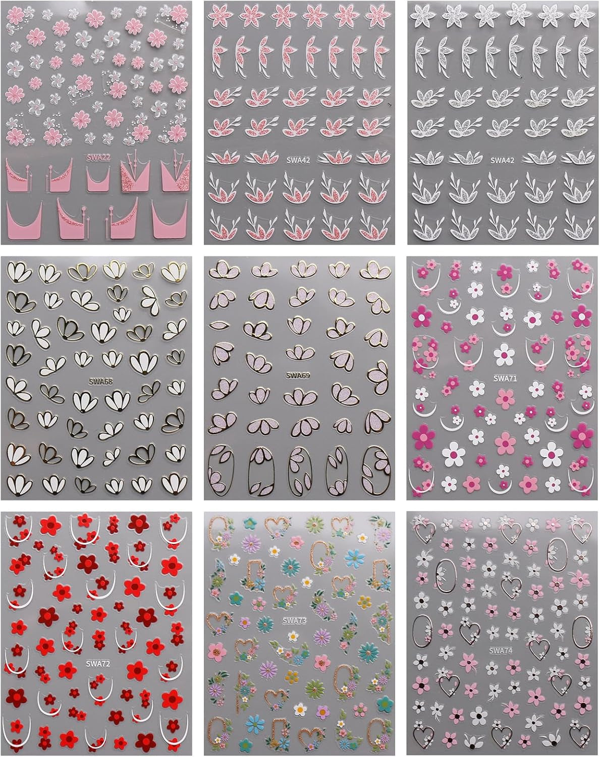 JMEOWIO Nagelsticker Blume 9 Blatt Nail Art Sticker Selbstklebend Nagelaufkleber Frühling Sommer Floral Dekoration Nageldesign Zubehör