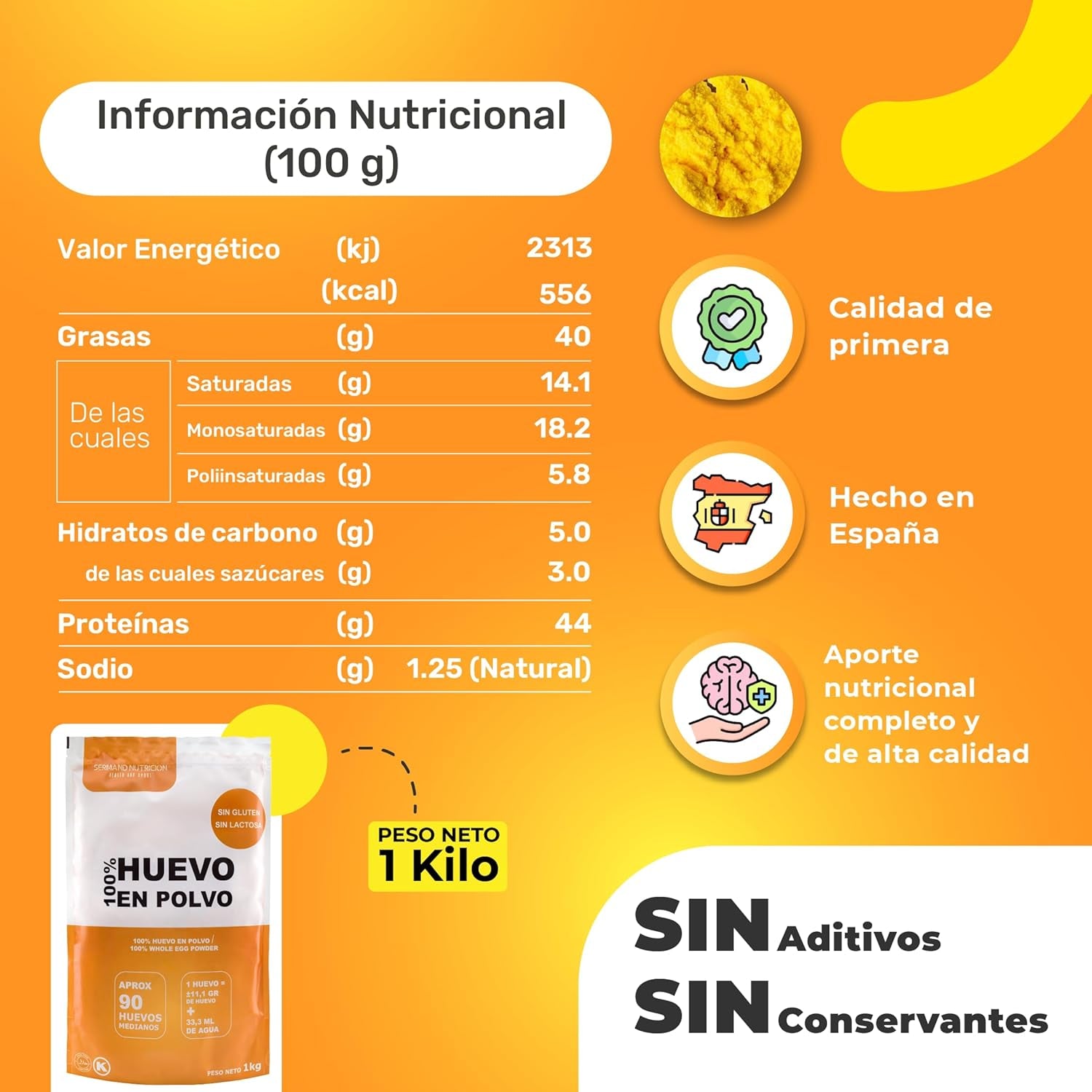Eipulver aus Freilandeiern (1 kg) | Pasteurisiertes Vollei Pulver | Ohne Zusatzstoffe | Glutenfrei & laktosefrei | Vakuumverpackung im Zip-Beutel