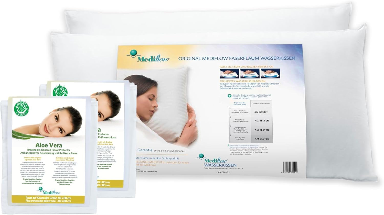 Mediflow 5222 Pernă de susținere ortopedică, 2X pernă de apă cu capac aloe vera, 40X80 cm, alb Perne standard Naty Shop Titlu implicit