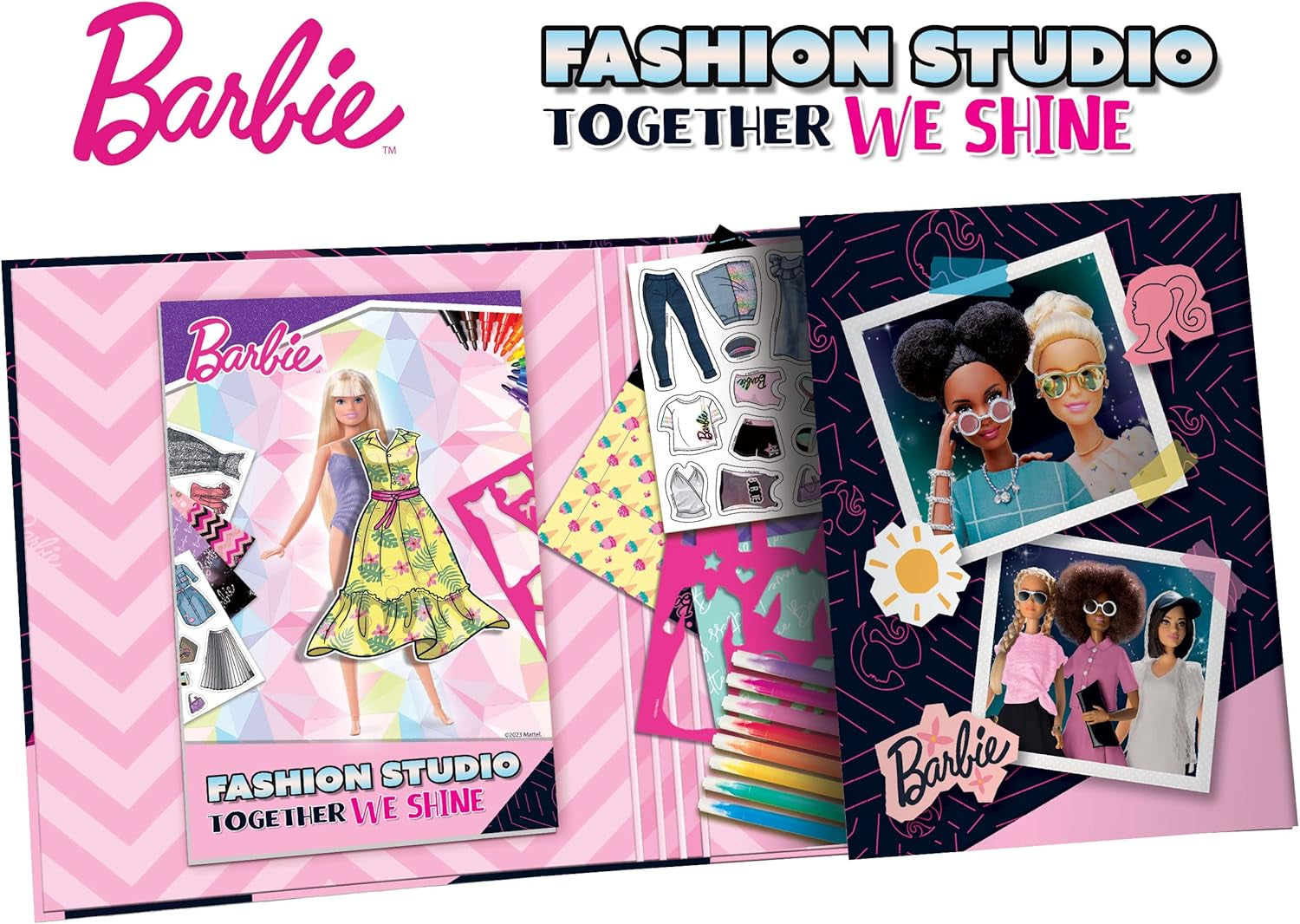 Lisciani - BARBIE - Skizzenbuch Set Wir Glänzen - Modestudio - Models zum Anziehen - Kreatives Spiel - Supermodische Kleidung - Farbmarker - Für Mädchen ab 4 Jahren