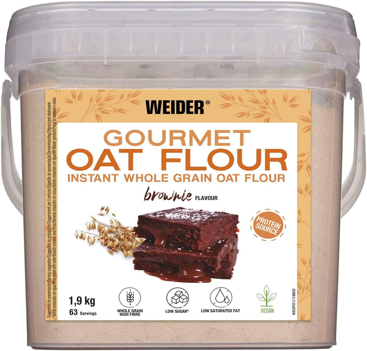 Făină de ovăz Weider Gourmet (1,9 kg) aromă de brownie. Fulgi de ovăz integrali. Sursă de proteine cu conținut scăzut de zahăr.