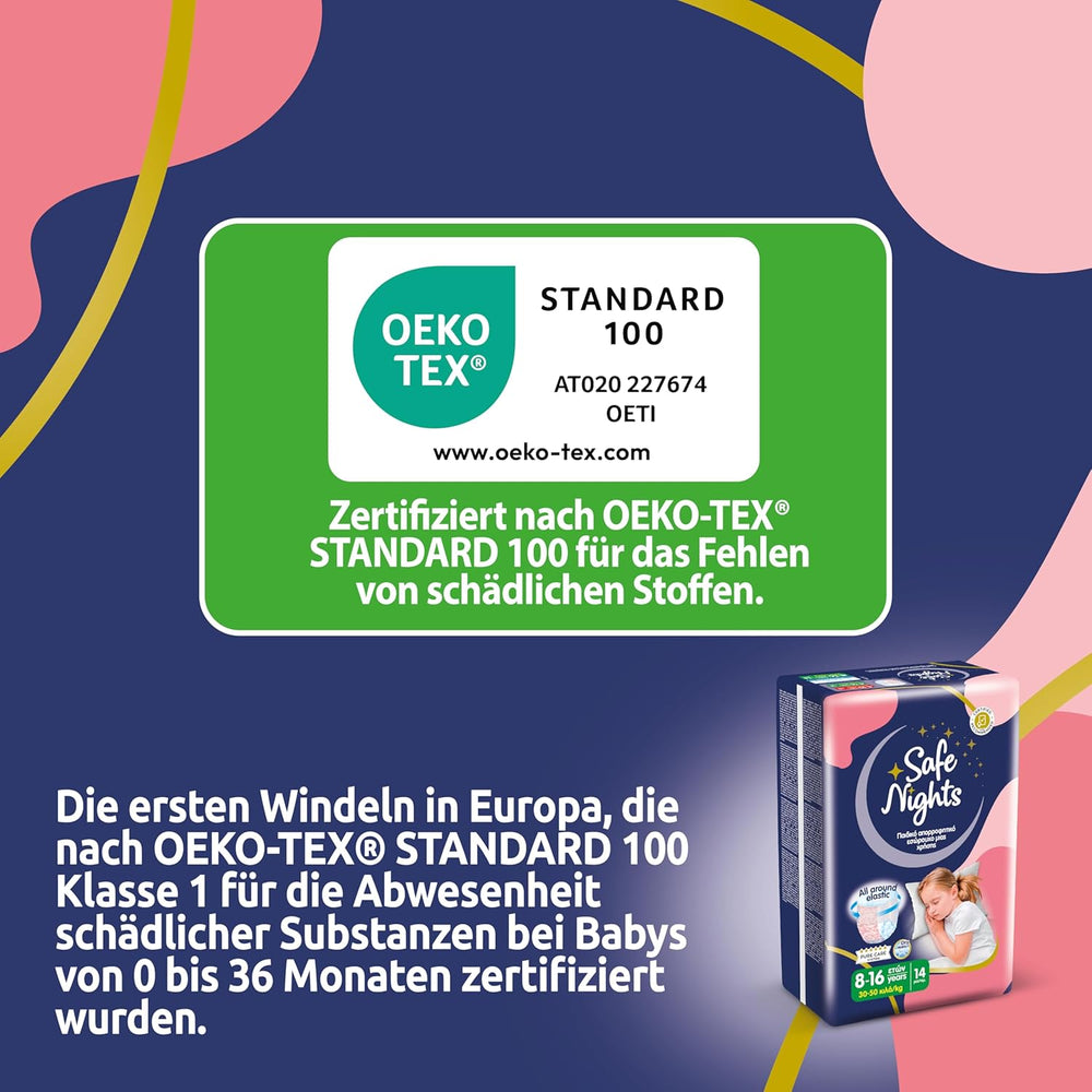Safe Nights Girl, chiloți absorbanți de noapte pentru fete cu vârsta cuprinsă între 8 și 16 ani (30-50 kg), 14 bucăți