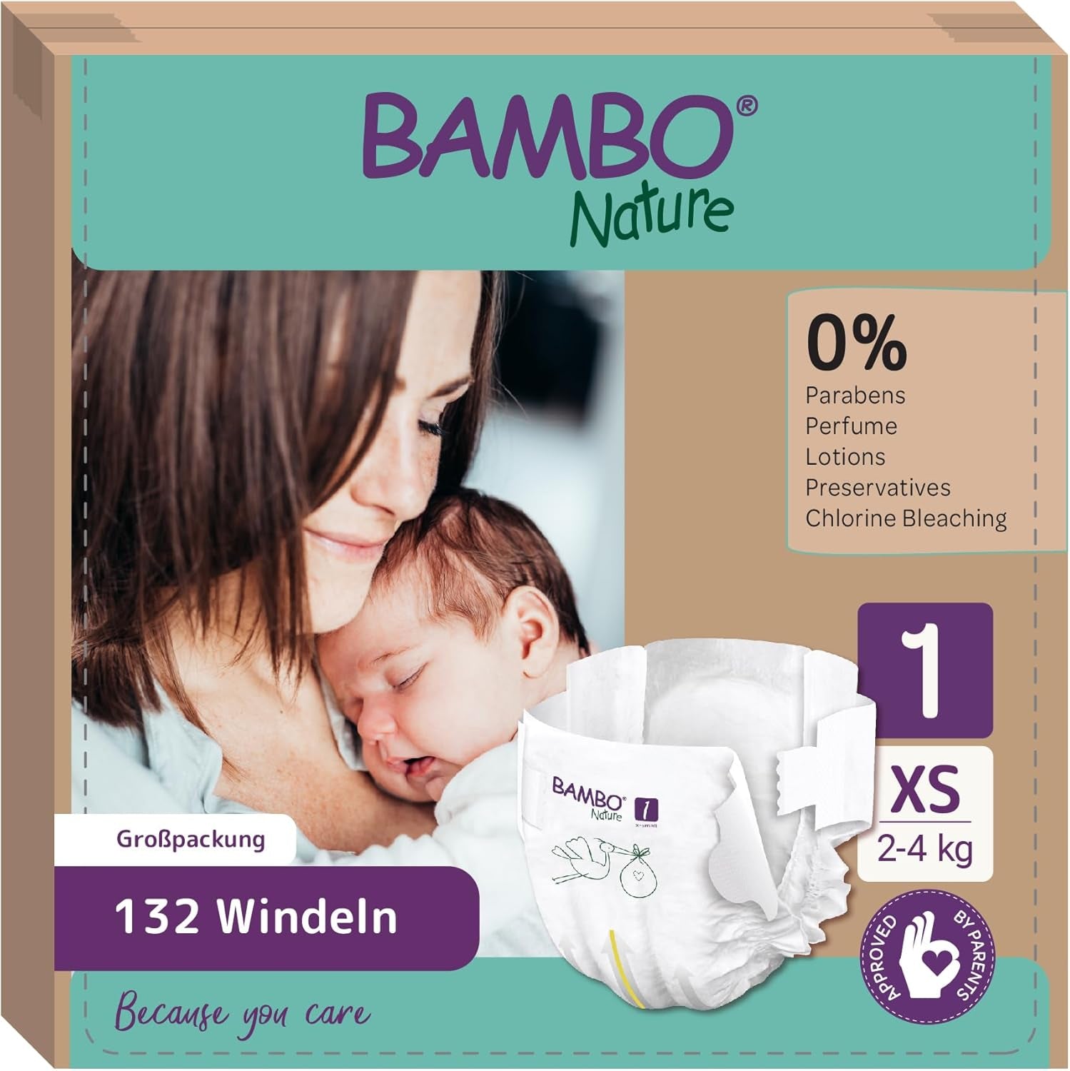 Scutece Bambo Nature pentru bebeluși, mărimea 1 (2-4 kg), cutie lunară de 132 bucăți | Scutece premium cu protecție îmbunătățită împotriva scurgerilor | Confort și libertate supreme pentru nou-născuți | Scutece testate dermatologic