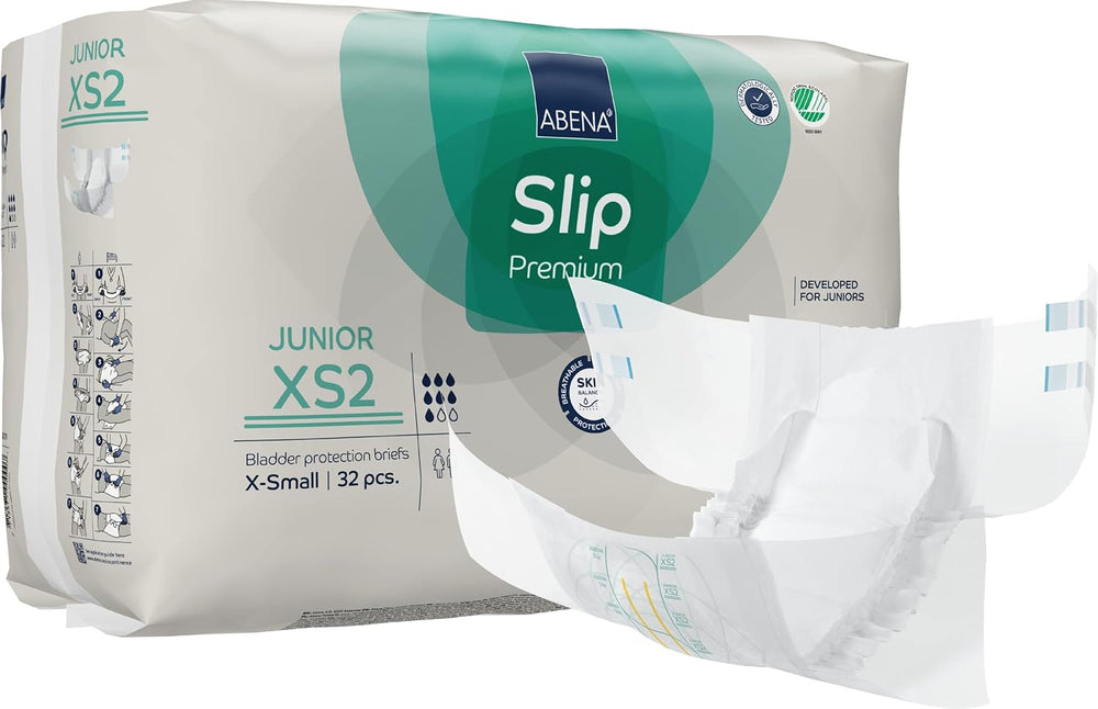Scutece Slip Premium Junior, etichetate ecologic, protecție îmbunătățită împotriva scurgerilor, scutece sigure și confortabile pentru copii – Mărimea 7/XS2, circumferința taliei 40–60 cm, vârste 5–15 ani, 1 x 32 bucăți