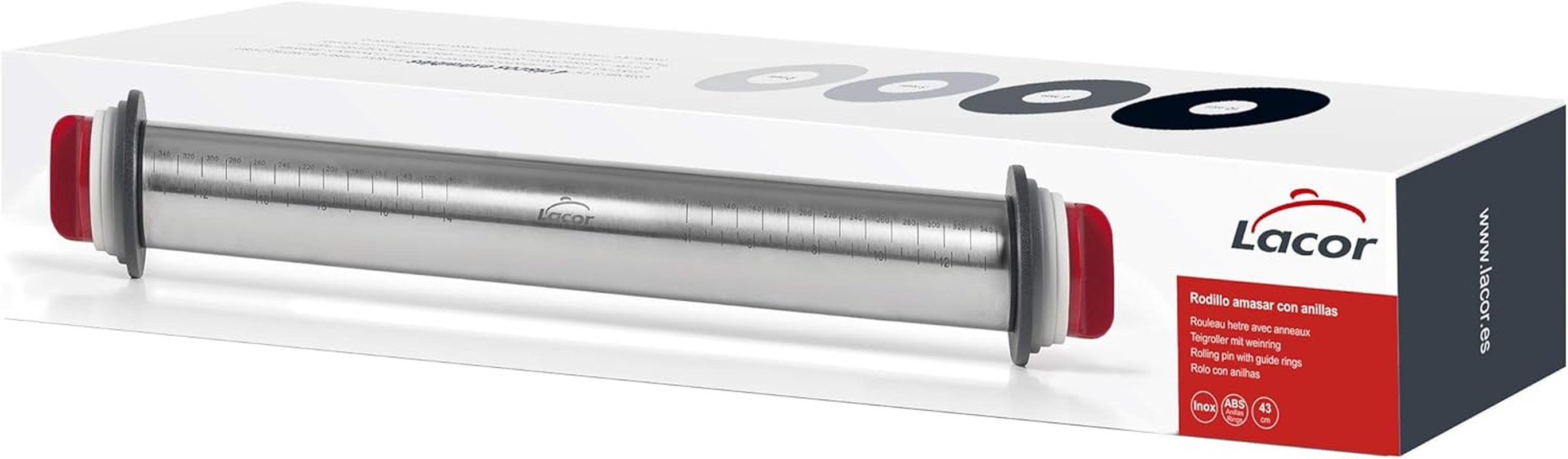 - 67143 - Rolă de bucătărie Amasar, 4 discuri detașabile, oțel inoxidabil, marcaje de măsurare gravate, toate măsurătorile, 41,5 cm, lavabilă în mașina de spălat vase, gri