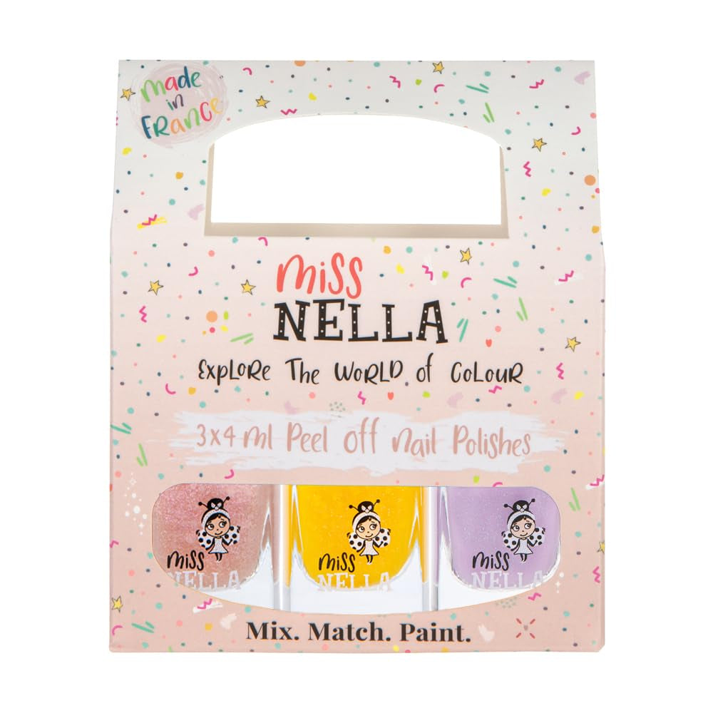 Set de ojă cu sclipici Miss Nella Magic Collection, 4 piese: roz, roșu, auriu și albastru, ojă detașabilă specială pentru copii, non-toxică, pe bază de apă și inodoră