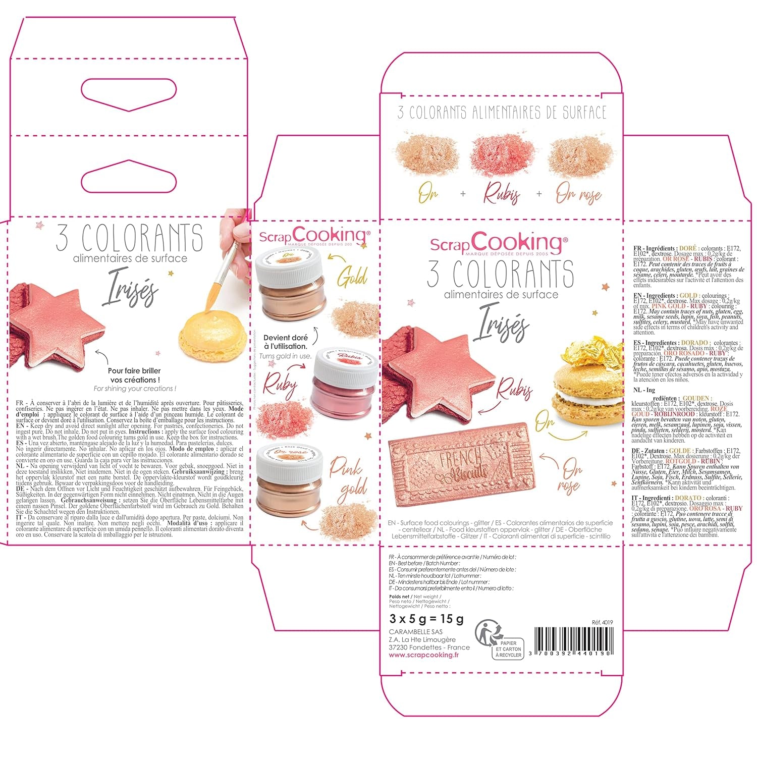 Scrapcooking - Set de 3 coloranți alimentari metalici - Colorant alimentar: auriu, auriu roz și rubin - Colorant alimentar comestibil pentru copt, prăjituri, fursecuri, torturi, ciocolată - 4019
