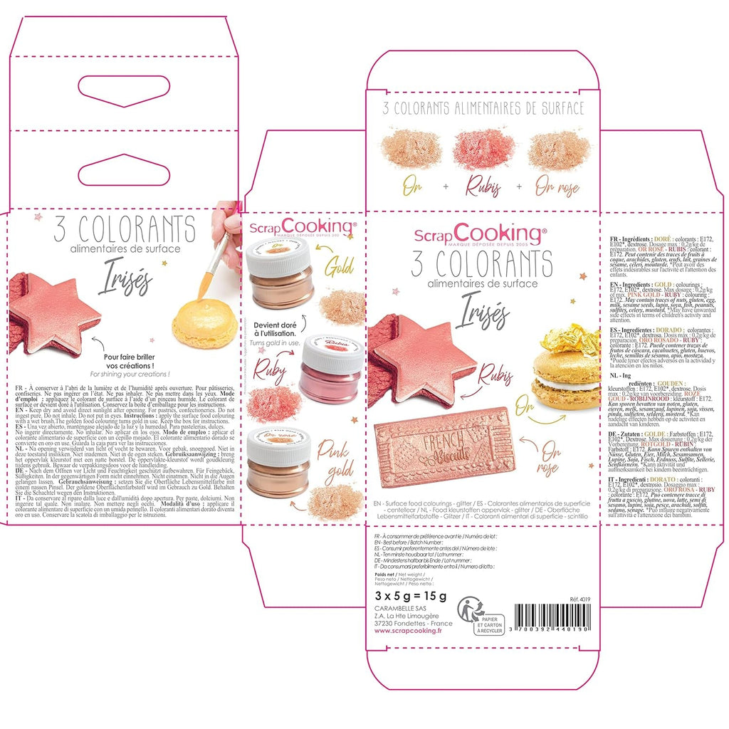 Scrapcooking - Set de 3 coloranți alimentari metalici - Colorant alimentar: auriu, auriu roz și rubin - Colorant alimentar comestibil pentru copt, prăjituri, fursecuri, torturi, ciocolată - 4019