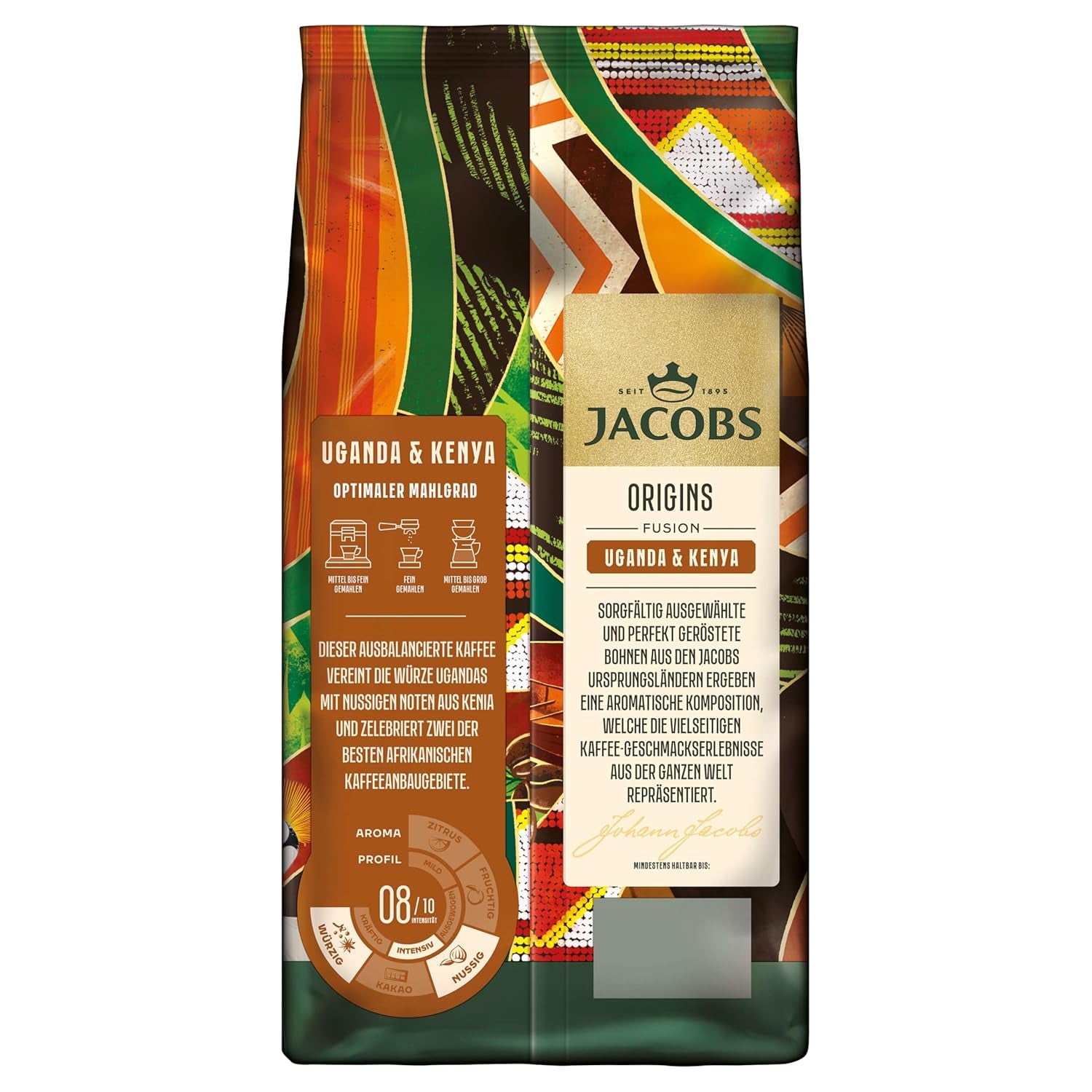 Boabe de cafea Jacobs Origins Uganda și Kenya, espresso corpolent cu o notă picantă, intensitate 8/10, boabe întregi de cafea, 1 kg