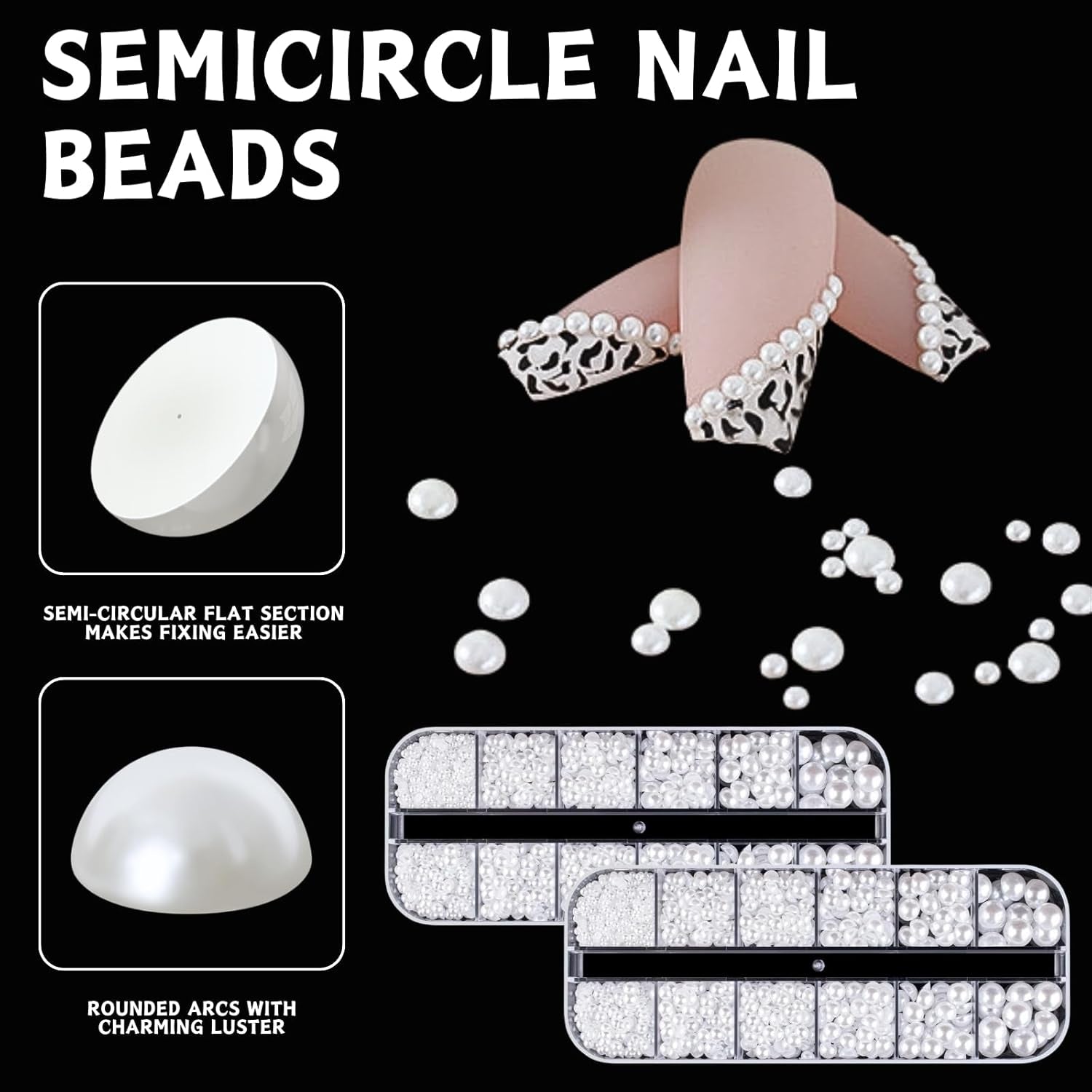 12 Größen Nail Art Perlen, Flache Perlen, Nail Art Accessoires, Halbkreis Nagelperlen, Weiße Nail Charms Und Glitzersteine Nägel Für Nail Art Design, DIY Basteln, Alltag, Hochzeit (2 Boxen)
