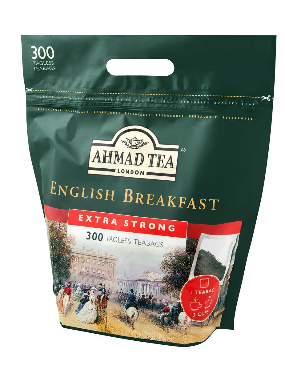 Ahmad Tea - English Breakfast - Ceai negru pentru micul dejun - Ceai Assam &amp; Ceylon - Pliculețe de ceai englezesc fără bandă, cu 2 g de ceai per porție - Pachet mare cu 300 de pliculețe de ceai (pachet cu 2)