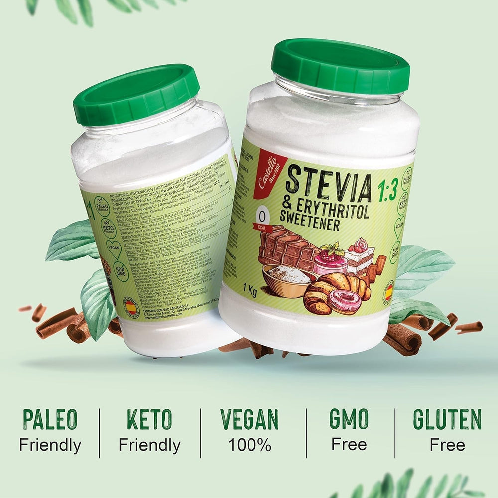 Stevia + Erythrit 1:3 Süßstoff | 1G = 3G Zucker | 100% Natürlicher Zuckerersatz - 0 Kalorien - 0 Glykämischer Index - Keto Und Paleo - 0 Netto-Kohlenhydrate - Kein GVO - Castello since 1907-1 Kg Indulcitori Naty Shop