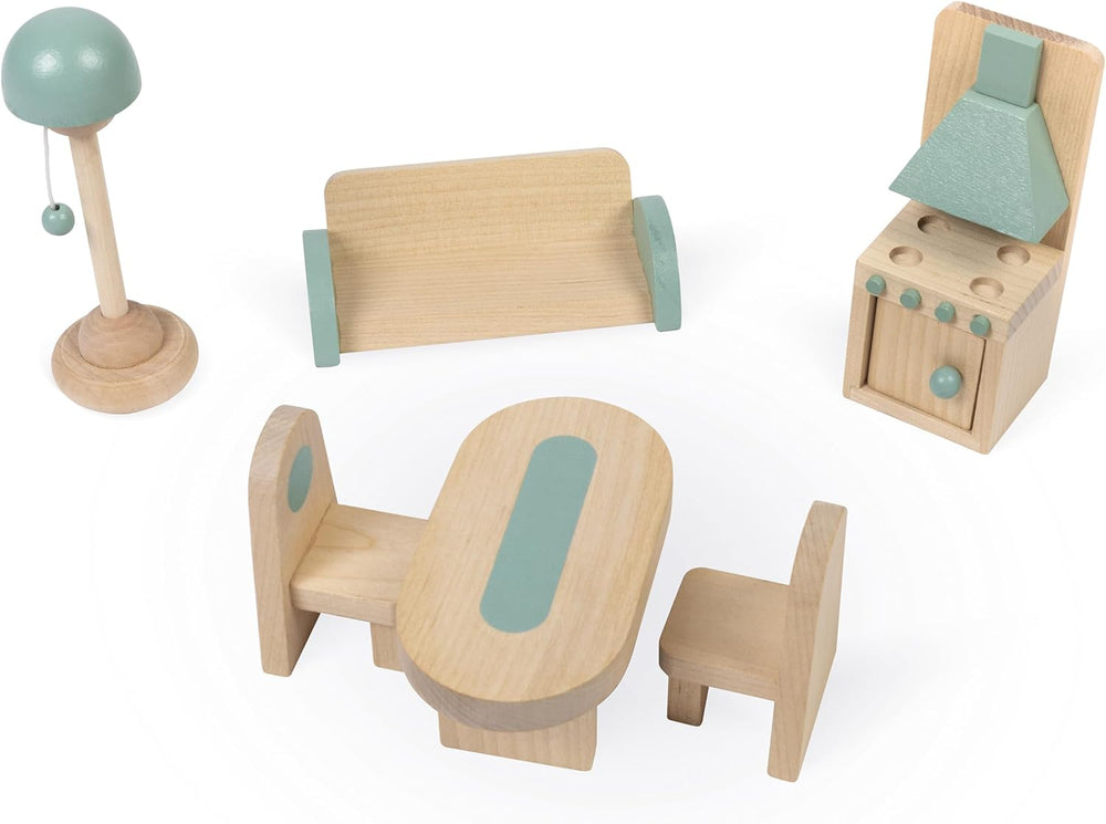 Janod – Prima mea casă de păpuși din lemn – 10 accesorii – Mobilier pentru păpuși – Uși magnetice și acoperiș detașabil – Jucărie din lemn certificat FSC – Vârste 3+