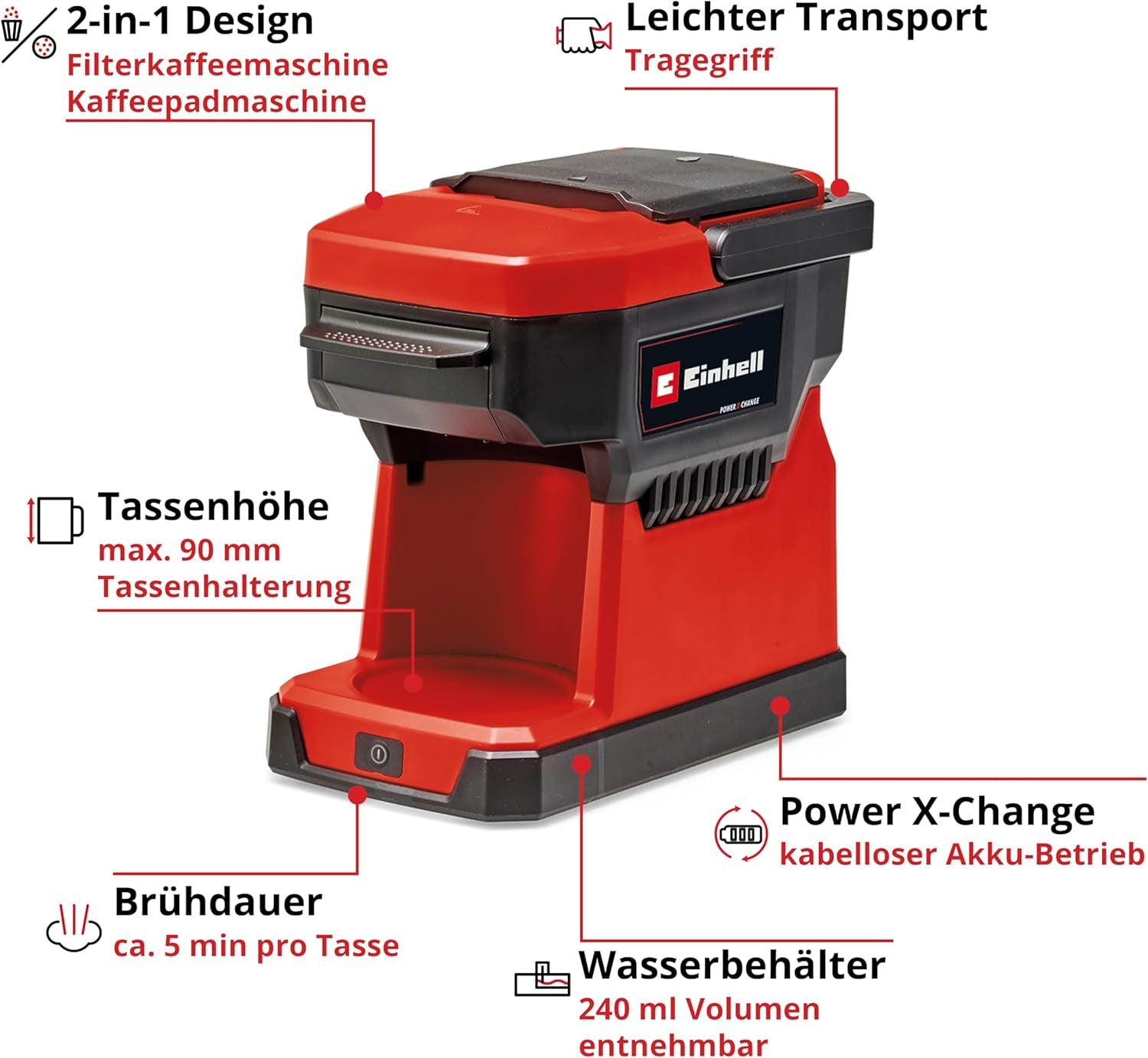 Espressor fără fir Einhell TE-CF 18 Li-Solo Power X-Change (18 V, rezervor de apă de 240 ml, pentru cafea filtrată și capsule de cafea, mâner de transport, incl. cană de cafea cu capac, fără baterie)
