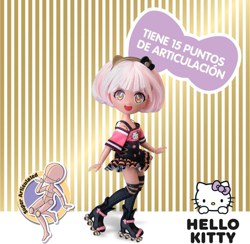 4SF -  Golden Diva Roller, Japanische Fashion Puppe im Rollschuh-Look, Figur von 19,5 cm mit 15 Gelenkpunkten, Inklusive Helm, Tasche, Musikzubehör und Stiefel, Famosa (HKTF1000)