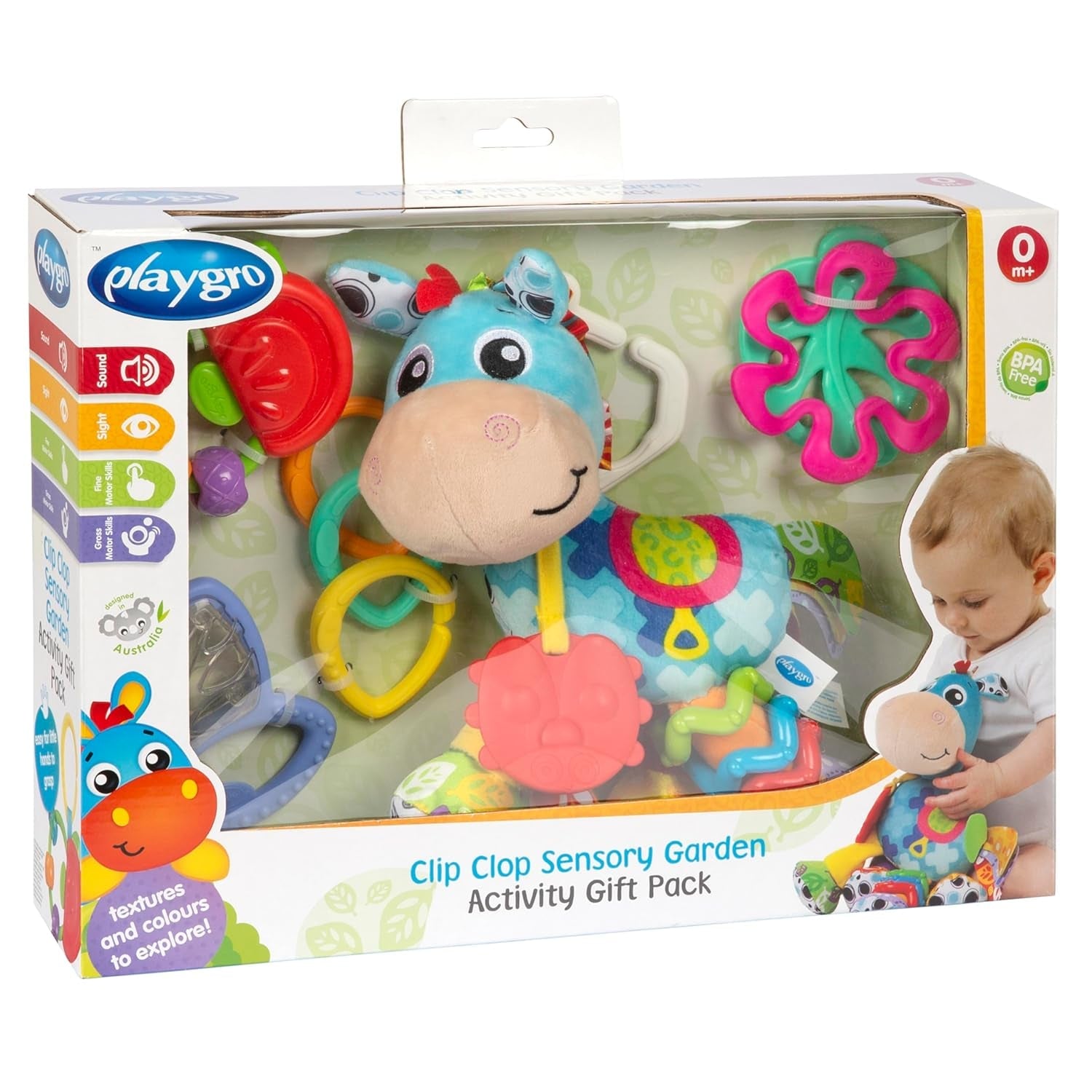 Pachet cadou cu activități Playgro Clip Clop Sensory Garden – jucărie senzorială pentru grădină pentru bebeluși de la 0 luni – jucărie interactivă cu zornăitoare, inel de dentiție și prieten pentru cărucior – 4 piese
