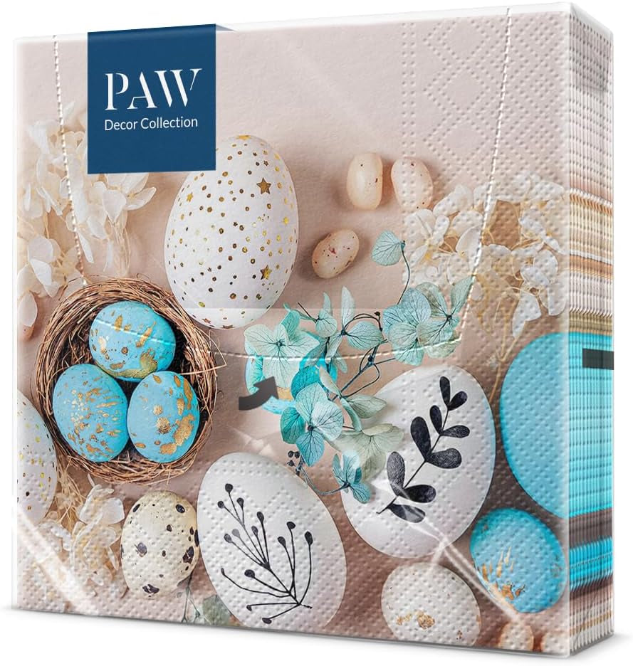 PAW - Șervețele din 3 straturi (33 X 33 Cm) I 20 bucăți I Perfect pentru Paște, petreceri, primăvară și sărbători I Decorațiuni de masă Petrecere de Paște Șervețele de hârtie colorate - Ouă de Paște în acuarelă I Ouă în acuarelă