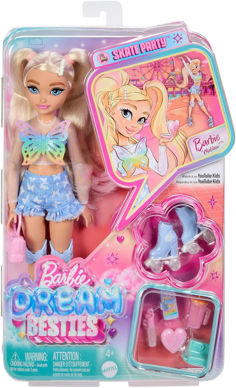 Barbie Dream Besties Puppe und Zubehörteile, bewegliche Barbie Malibu Rollschuh-Modepuppe mit blondem Haar, 9 Teile zum Thema Make-up, JFX96