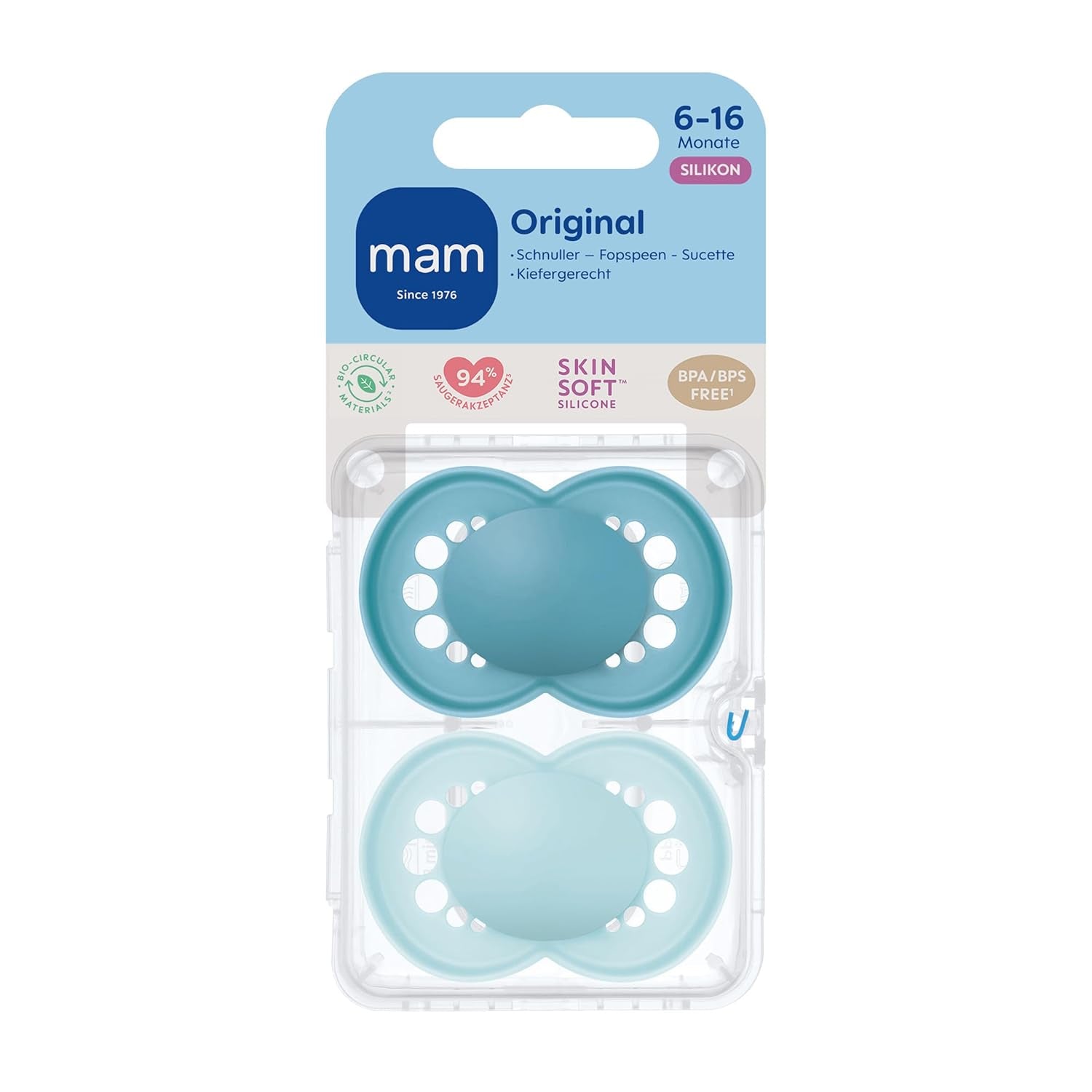 Suzete MAM Original, pachet de 2, suzete pentru bebeluși prietenoase cu dinții, fabricate din materiale sustenabile și bioregenerabile, tetine din silicon MAM SkinSoft, cu cutie pentru suzetă, 6-16 luni, albastru/albastru deschis