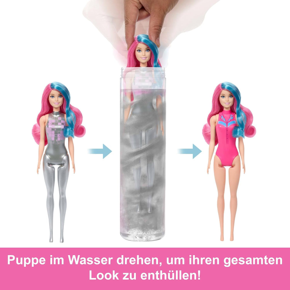 Păpușă Barbie Color Reveal și accesorii cu 6 surprize, serie Disco Star cu strălucire metalică și top care își schimbă culoarea (stilurile pot varia), JCP01, 32 cm