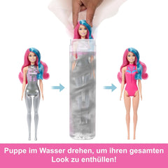 Păpușă Barbie Color Reveal și accesorii cu 6 surprize, serie Disco Star cu strălucire metalică și top care își schimbă culoarea (stilurile pot varia), JCP01, 32 cm