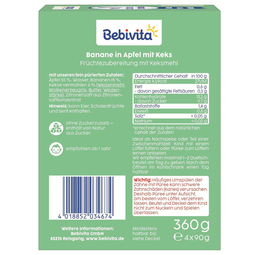 Banană în măr cu plic de biscuiți – 16 bucăți (4 pachete, 4 x 90g fiecare), fără zahăr adăugat, făcute din fructe blânde și cereale valoroase, ideale pentru gustări la pachet și pentru deplasare