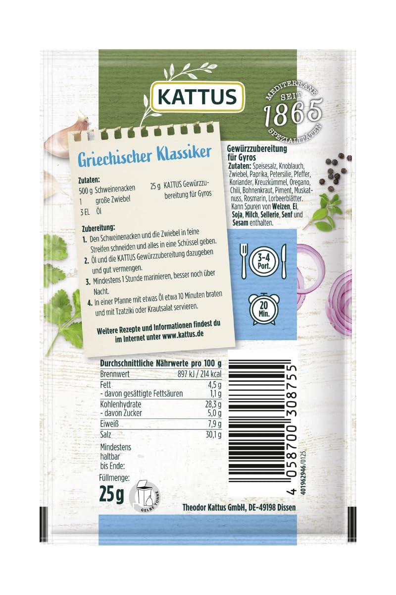 - Gyros Gewürzzubereitung | Gewürz für 3-4 Portionen | Ohne Zusatz von Hefeextrakt, Aroma und Zusatzstoffen | 25 g im Beutel