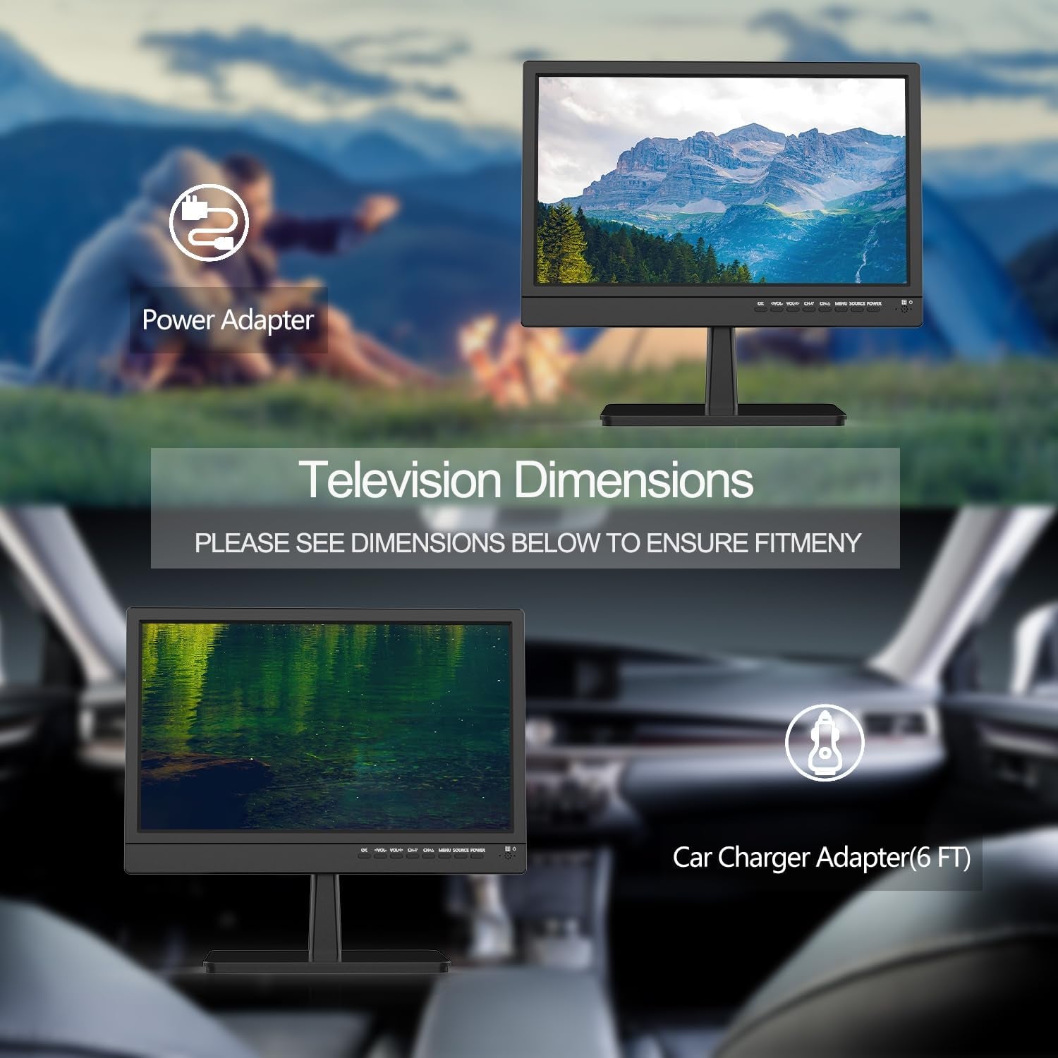 Televizor de 14 inci, ecrane TV mici 1080p, tuner digital integrat T2, intrare HDMI/USB, cablu auto de alimentare CA/CC-12V