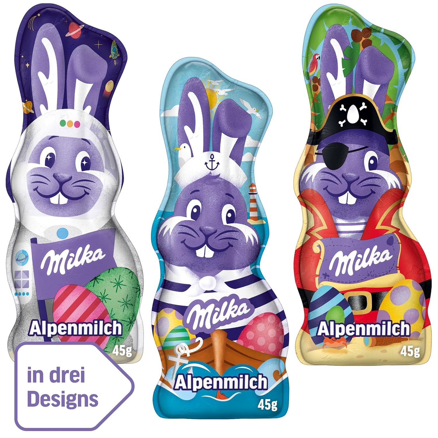 Milka Iepuraș Zâmbitor Ediție Alpine Milk Design – Ciocolată de Paște cu 3 modele diferite – 24 x 45g