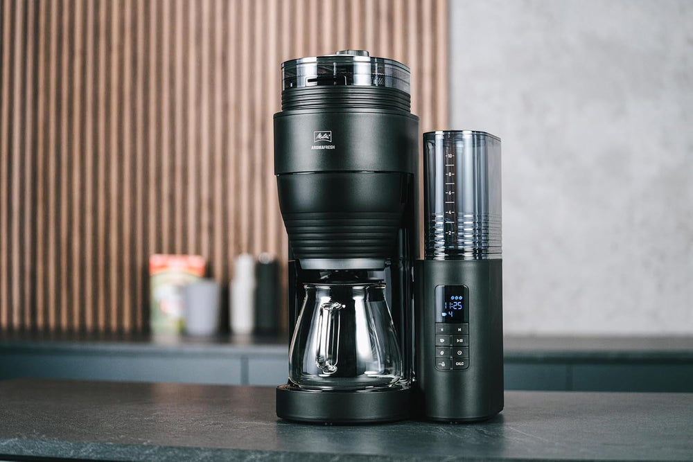 Melitta AromaFresh X – Espressor cu filtru, cu râșniță integrată, carafă de sticlă și funcție de temporizator, pentru până la 10 cești de cafea, negru/argintiu