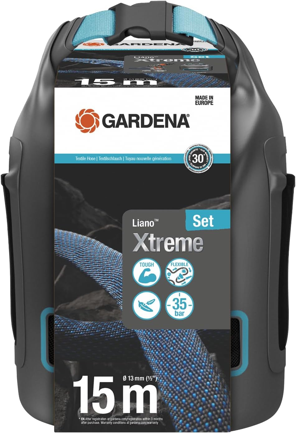 Gardena Liano Xtreme 1/2 inch, Set 15m + Geantă: Furtun de grădină extrem de robust din material textil cu geantă, cu furtun interior din PVC, ușor, rezistent la intemperii (18468-20)