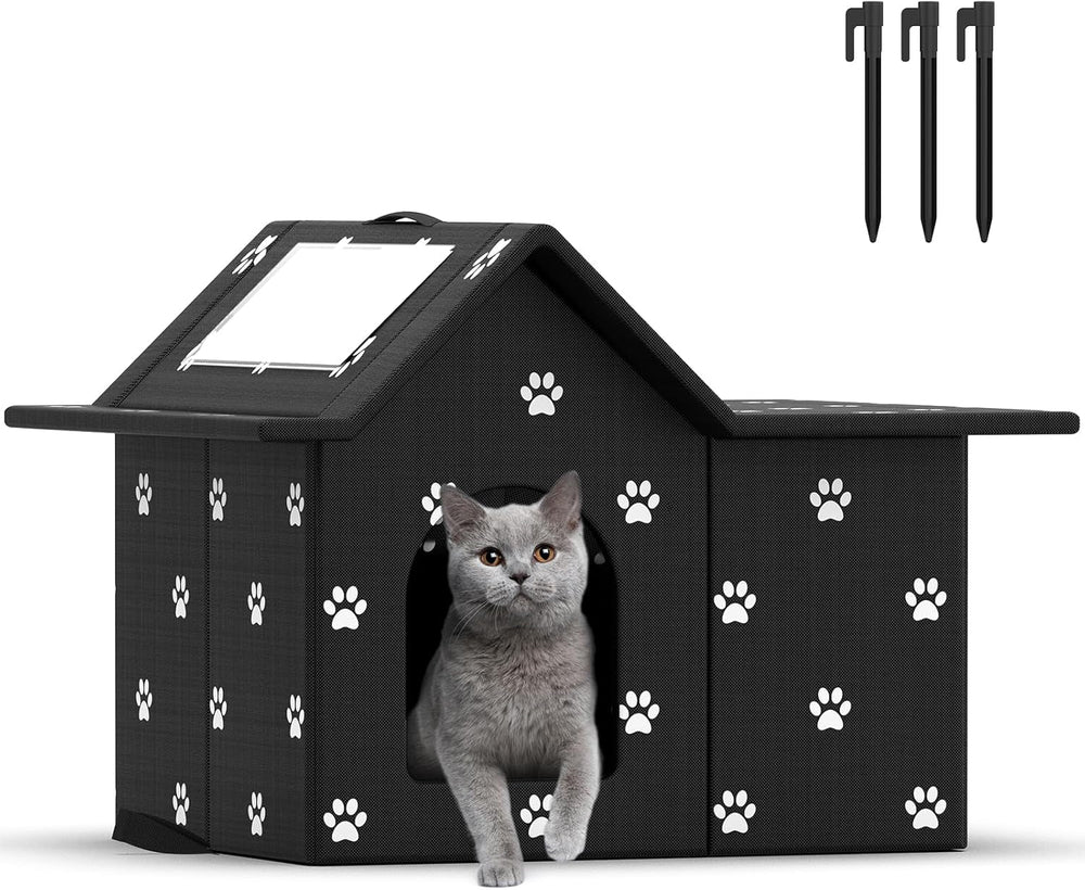 Katzenhaus Für Draußen Winterfest, Haus für verwilderte Katzen mit abnehmbaren Kissen, Winterschutz für Haustiere mit Türvorhängen, einfach zu montieren