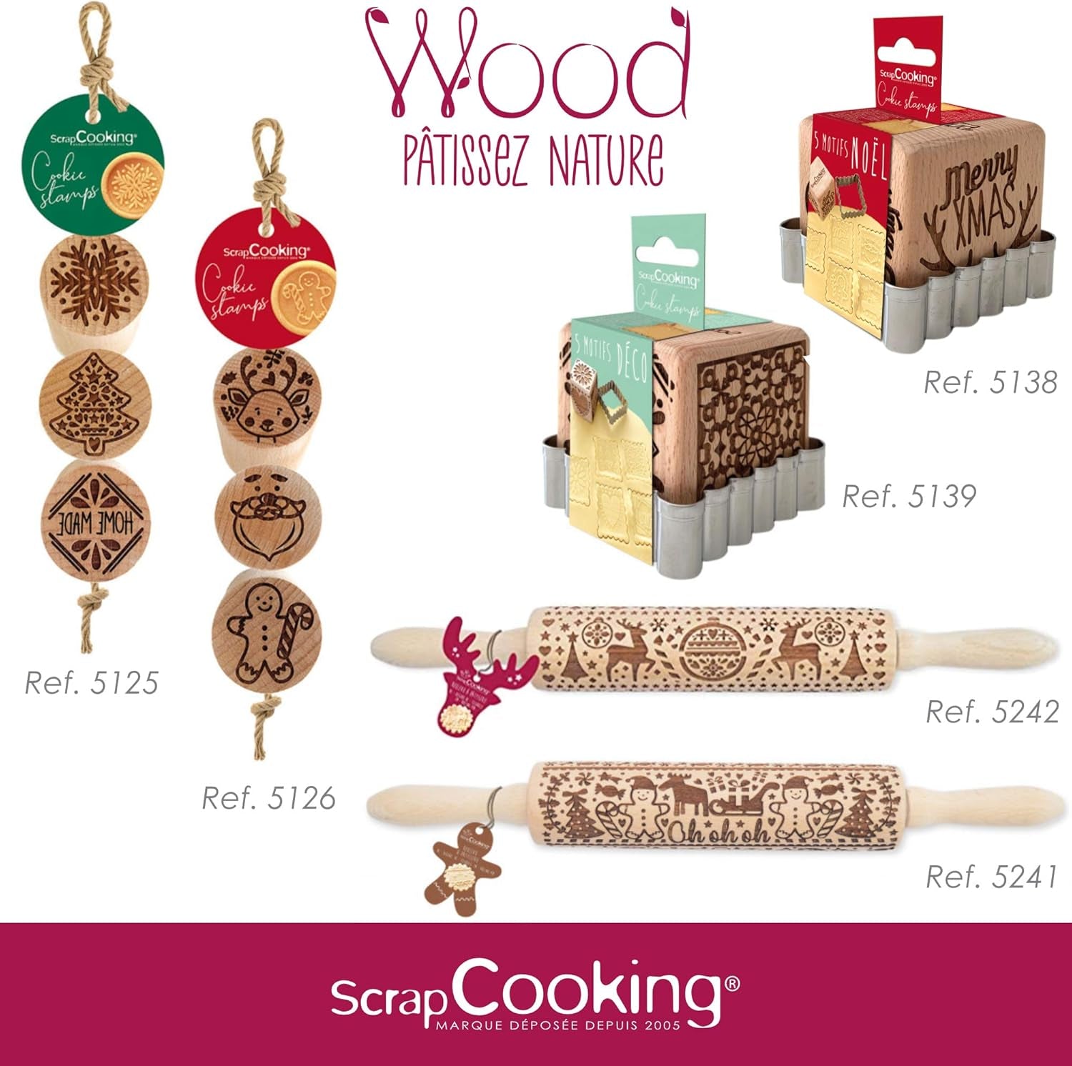 Sucitor din lemn Scrap Cooking „Xmas” cu motive de Crăciun – rolă de embosat cu decorațiuni în relief pentru fursecuri – accesoriu decorativ – 5242