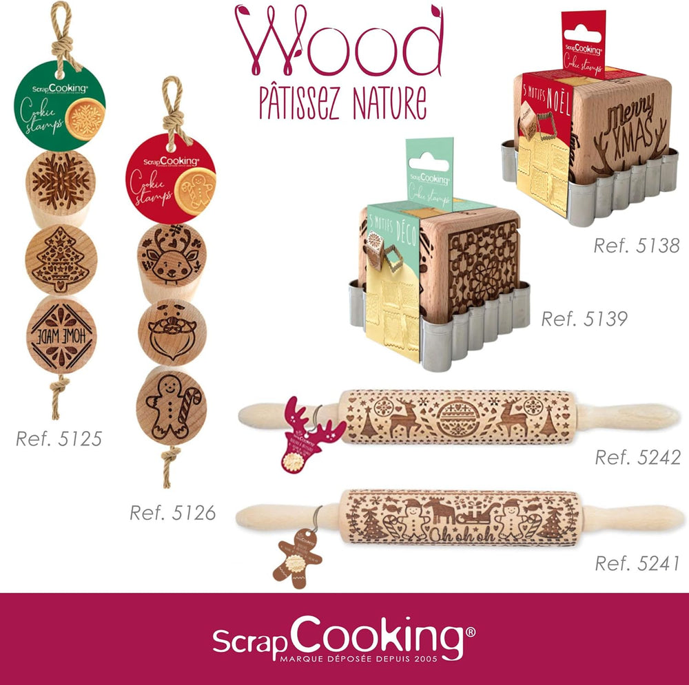 Sucitor din lemn Scrap Cooking „Xmas” cu motive de Crăciun – rolă de embosat cu decorațiuni în relief pentru fursecuri – accesoriu decorativ – 5242