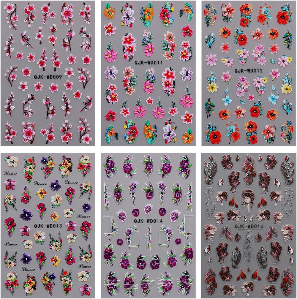 JMEOWIO Nagelsticker Blumen 6 Blatt Nail Art Sticker Selbstklebend Nagelaufkleber Sommer Blumen Dekoration Nageldesign Zubehör
