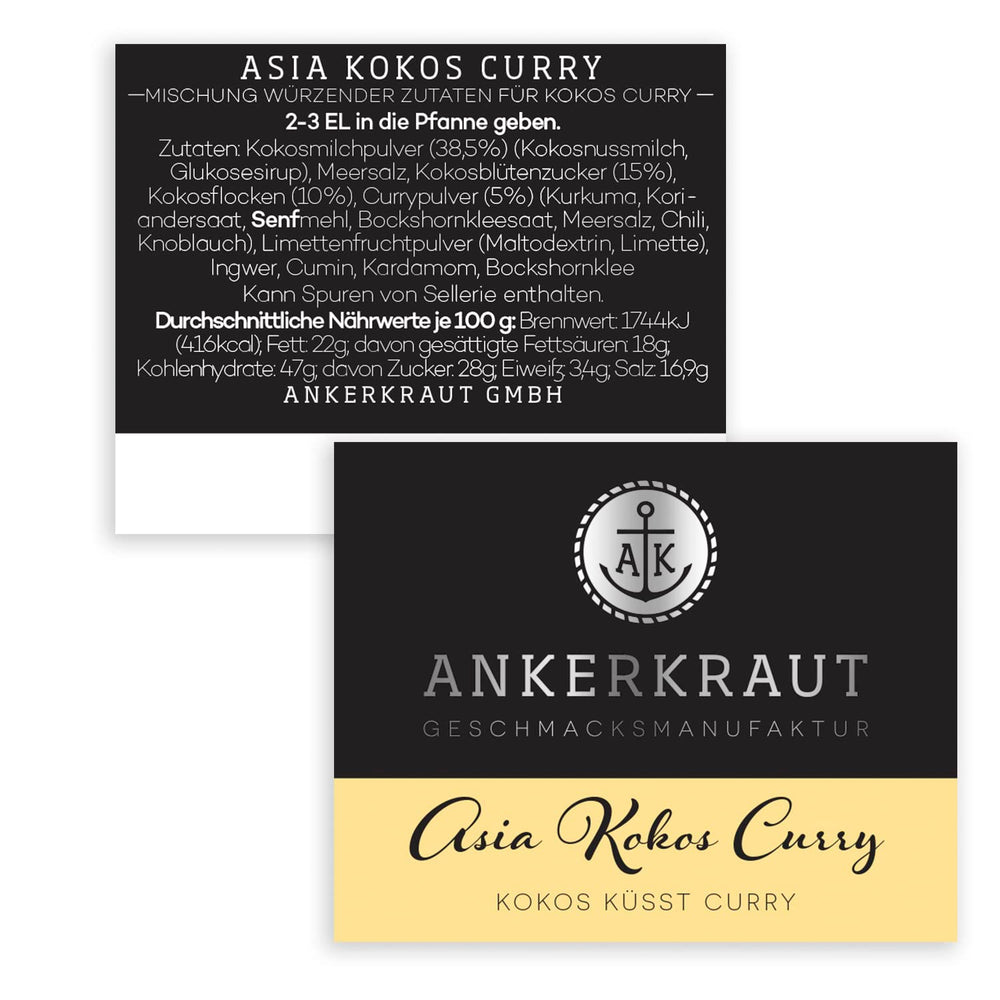 Ankerkraut Asia Kokos Curry, 85g im Korkenglas, Gewürz für Kokos-Milch Gemüse Fleisch, Einfach Lecker Zu Hause Kochen, Premium Qualität in der Pfanne
