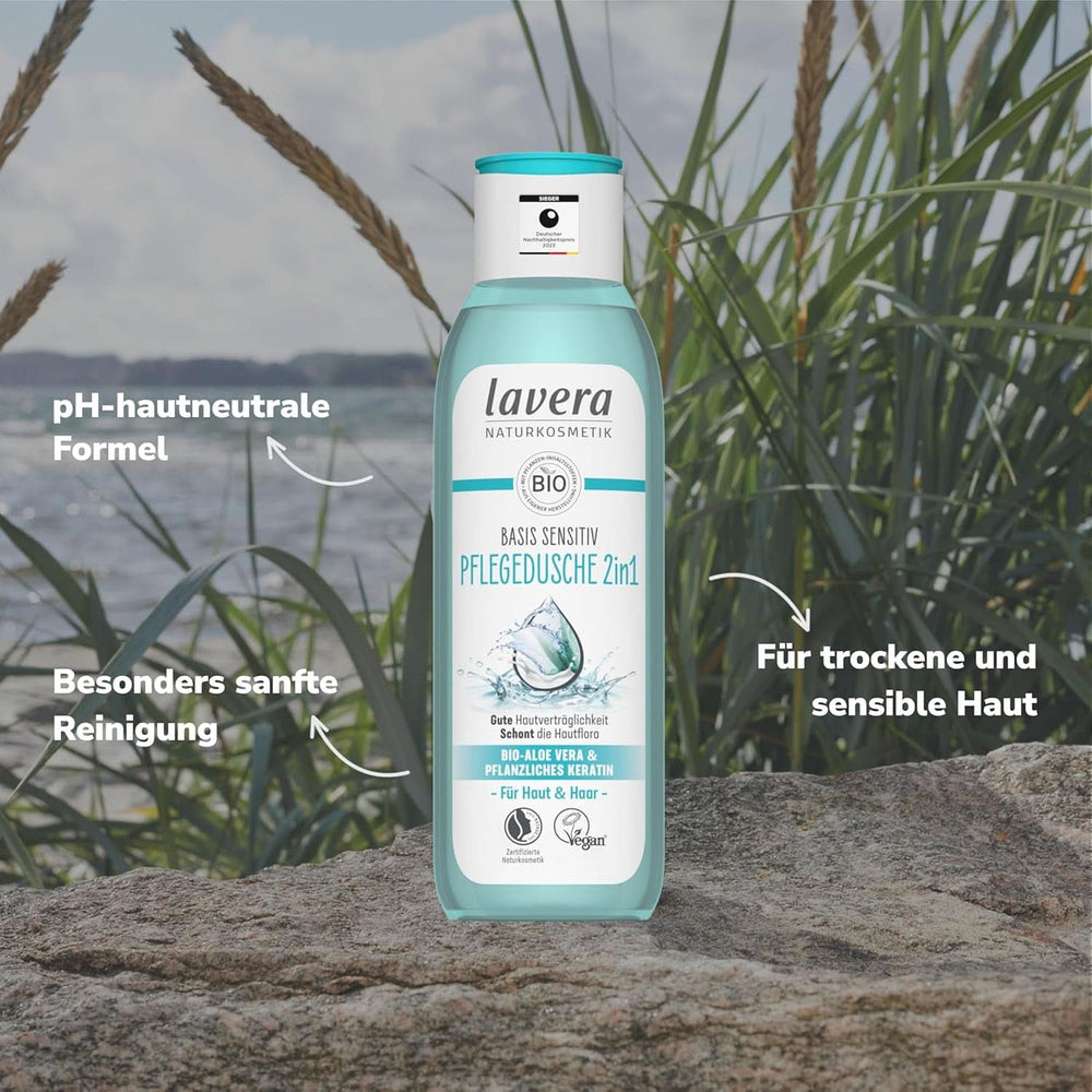 Lavera Care Basis Sensitiv 2 în 1, Șampon și gel de duș cu aloe vera bio și keratină vegetală, 250 ml Duș și baie Naty Shop