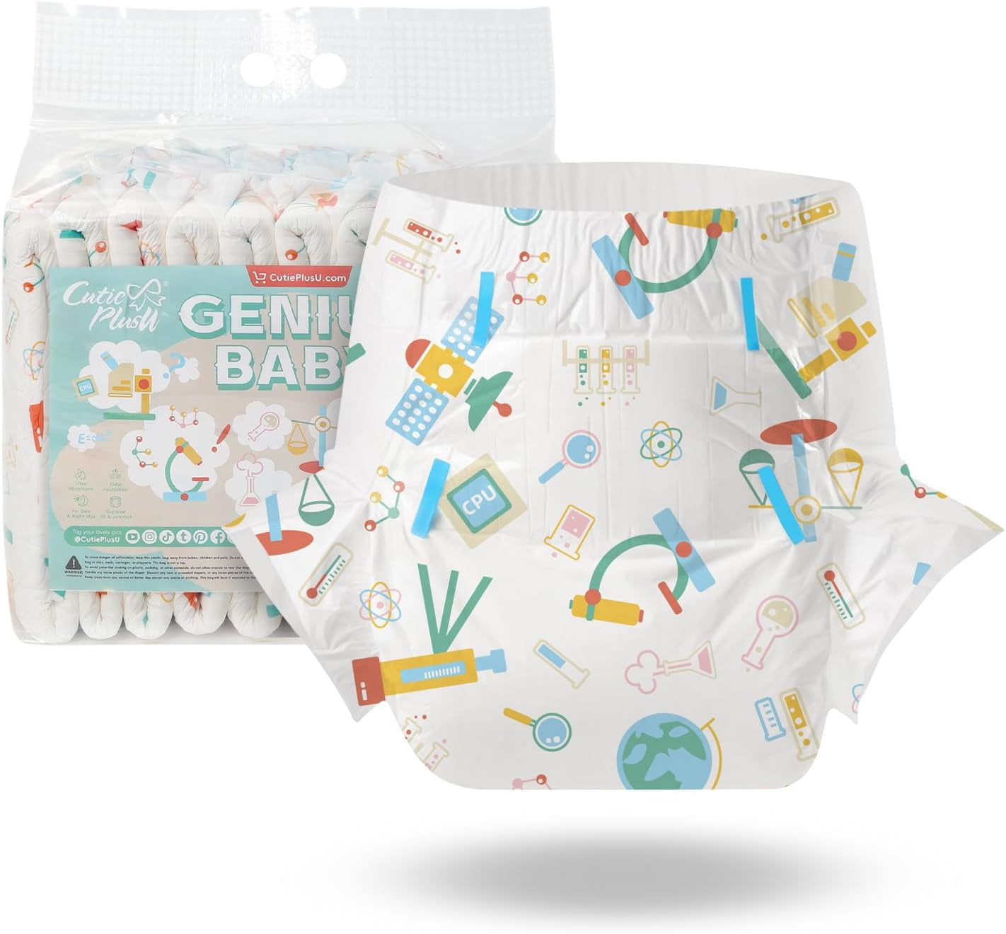 Scutece pentru adulți CutiePlusU, 10 bucăți, scutece de unică folosință cu tablă pentru femei și bărbați, absorbție maximă peste noapte - I Love Summer (Mărime medie 71-96 cm)