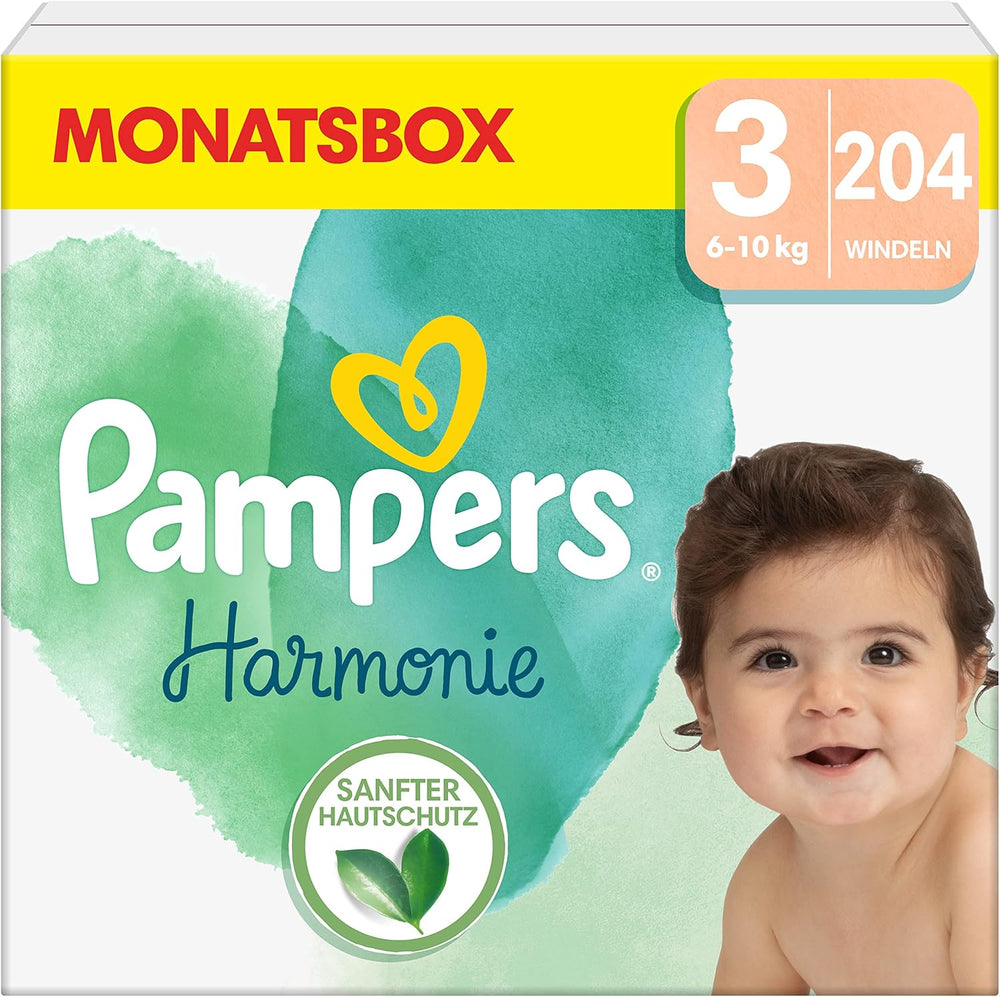 Scutece Pampers pentru bebeluși, mărimea 2 (4-8 kg), Harmony, cutie pentru jumătate de lună, protecție delicată a pielii și ingrediente pe bază de plante, 240 bucăți