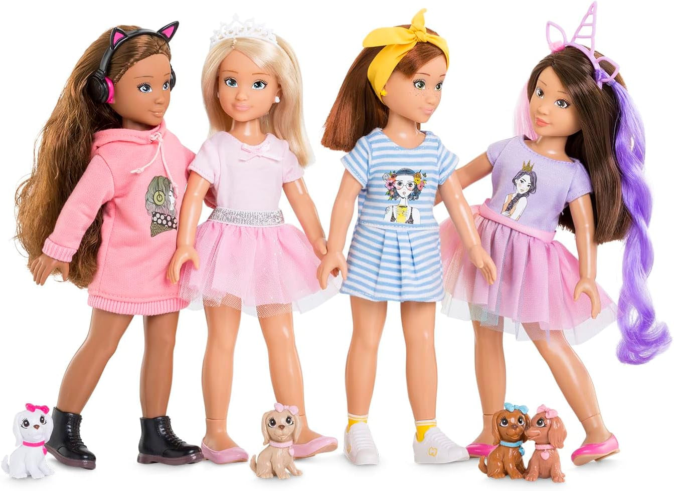 Corolle 9000600030 - Girls Luna Einhorn Set, Ankleidepuppe im Sommeroutfit mit Hund, mit Haarband, Ohrringe und extra Gummistiefel, 28cm Spielpuppe mit Vanilleduft, ab 4 Jahren