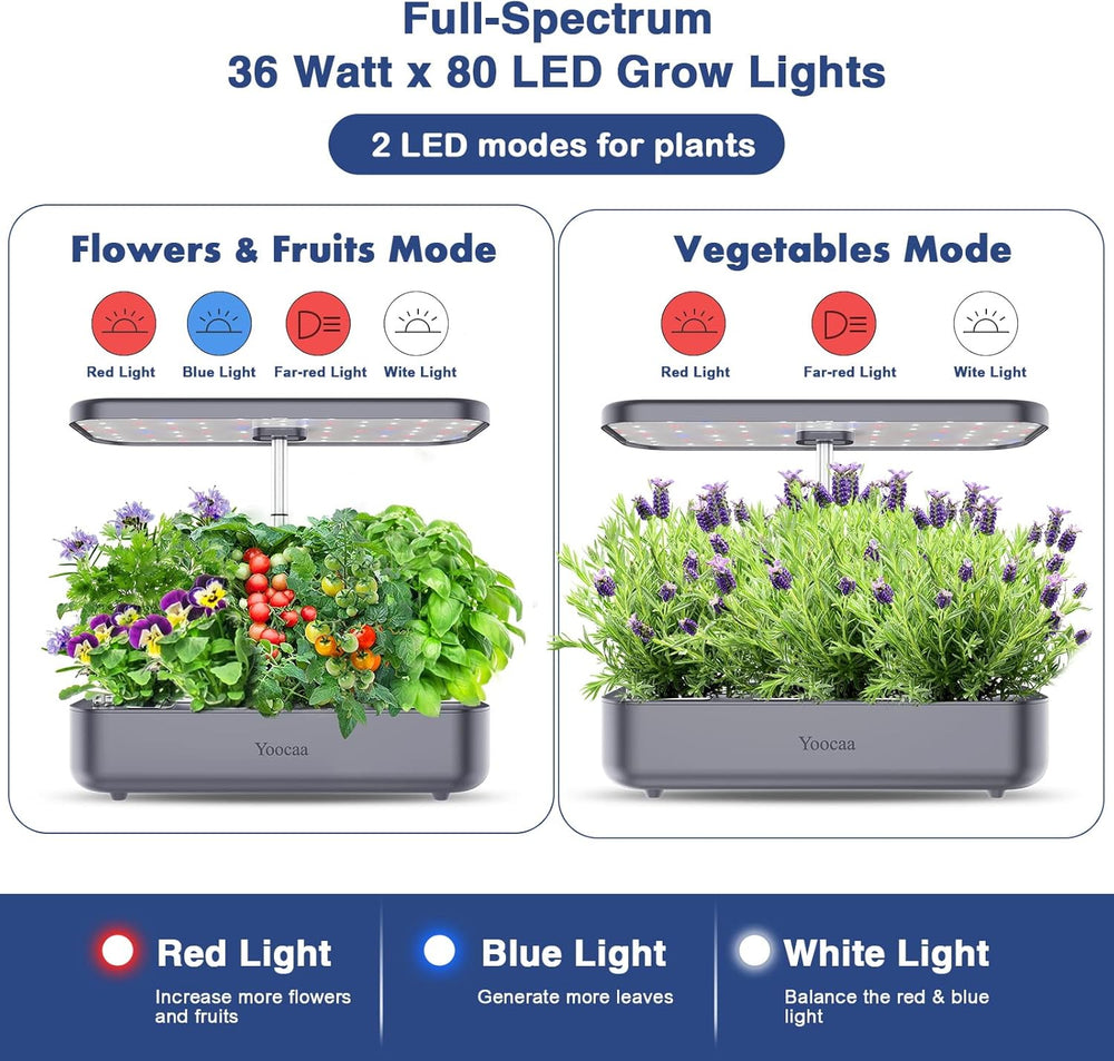Sistem de creștere hidroponică cu 12 ustensile, Set de grădină de plante aromatice de interior cu lumină LED, Grădină inteligentă pentru casă, Bucătărie, Kit de germinare cu temporizator automat (Gri)