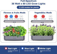 Sistem de creștere hidroponică cu 12 ustensile, Set de grădină de plante aromatice de interior cu lumină LED, Grădină inteligentă pentru casă, Bucătărie, Kit de germinare cu temporizator automat (Gri)