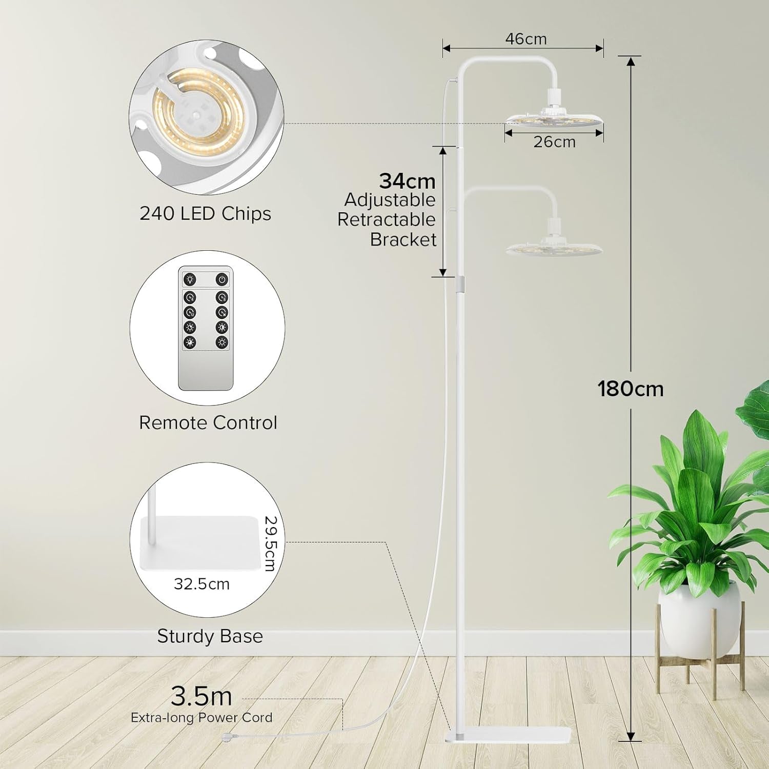 Lampă LED SANSI pentru plante cu spectru complet, 125W, cu lumină reglabilă, cu telecomandă pentru creșterea plantelor, înălțime reglabilă 120-180cm, temporizator 4/8/12 ore, 4 niveluri de luminozitate