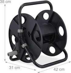 Rolă furtun Relaxdays, pentru furtun de 30 m 1/2", oțel, plastic, suport furtun, HL: 38 x 42 x 31 cm, negru/gri