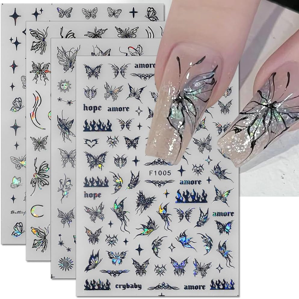 4 Blätter Holographisch Laser Weiß Schmetterling Nagelsticker,Y2K Aurora Schmetterlinge Stern Nail Sticker 3D Flamme Herz Nageldesign Nagelsticker Selbstklebend Nagel Sticker Nagel Zubehör Nail Art