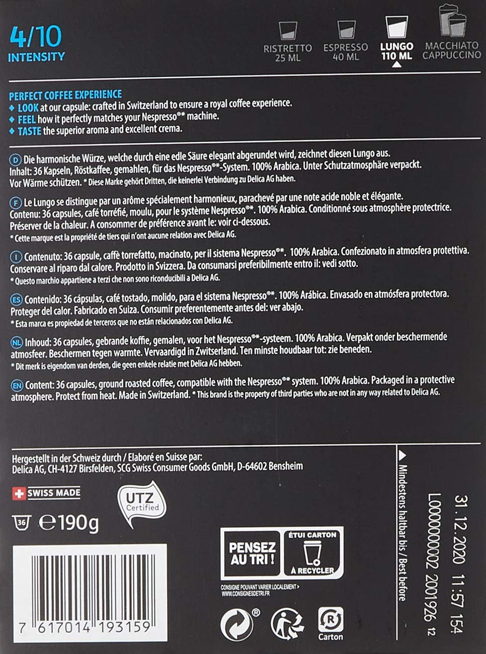 Café Royal Dark Chocolate Flavoured 100 Kapseln für Nespresso Kaffee Maschine - 4/10 Intensität - UTZ-zertifiziert, aus Aluminium & Lungo 36 Kapseln für Nespresso Kaffee Maschine - 4/10 Intensität