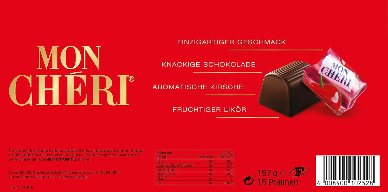 Ferrero Mon Chéri – Ciocolată crocantă, lichior fructat și o cireșă aromată – Cadou de ciocolată de Ziua Îndrăgostiților pentru el și ea – 1 pachet cu 15 bomboane individuale de ciocolată