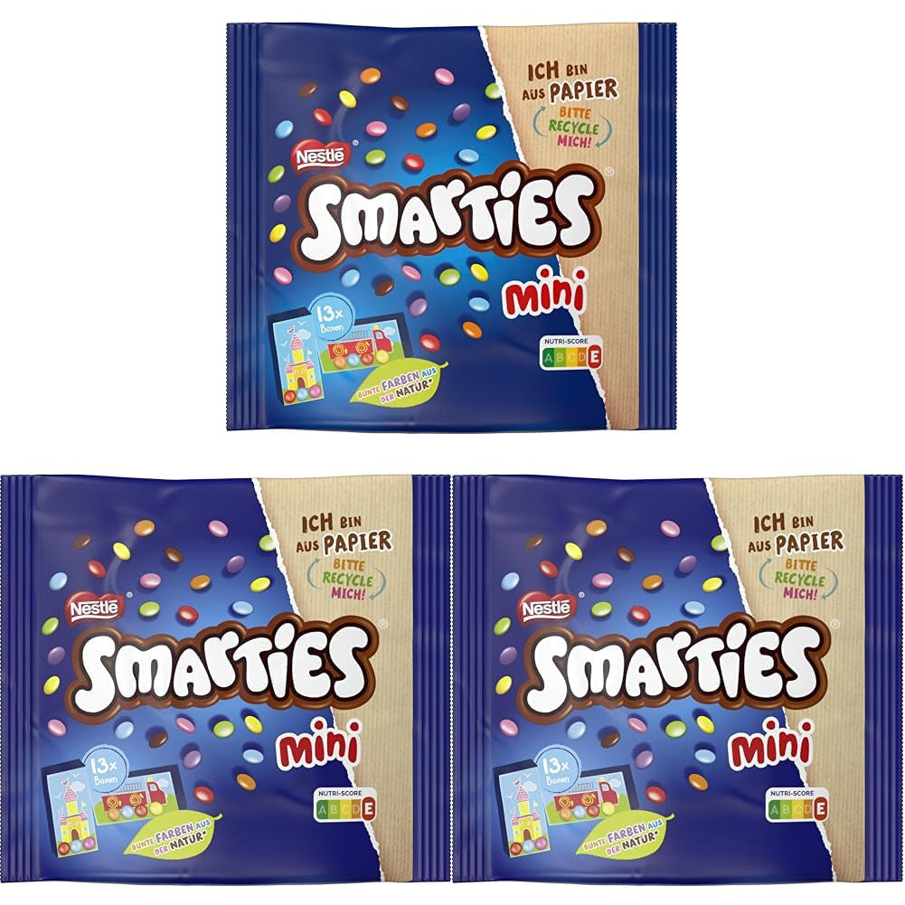 Nestlé SMARTIES Mini, linte mică cu ciocolată cu lapte, ambalată individual, pachet de 3 (1 x 187g)