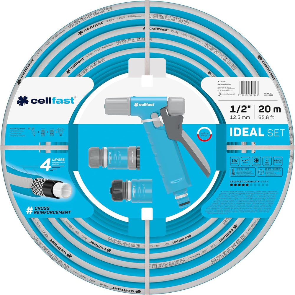 Set furtun de grădină Cellfast Ideal, robust, flexibil, cu 4 straturi, aspersor, rezistent la UV și alge, tehnologie Reach, 27 bar, -20/+60° pe termen scurt, 1/2 inch, 20 m