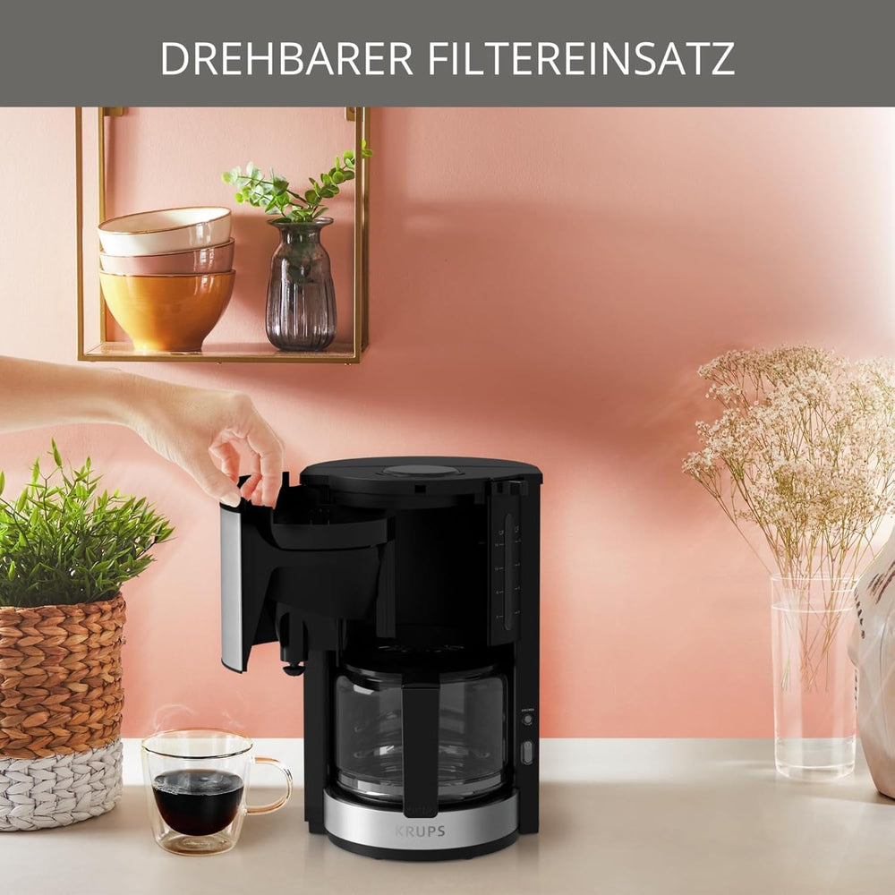 Espressor Krups KM3210 Pro Aroma Plus, 10 cești, 1,25 l, funcție de menținere la cald timp de 30 de minute, fereastră vizibilă pentru nivelul apei, sistem anti-picurare, negru cu aplicații din oțel inoxidabil
